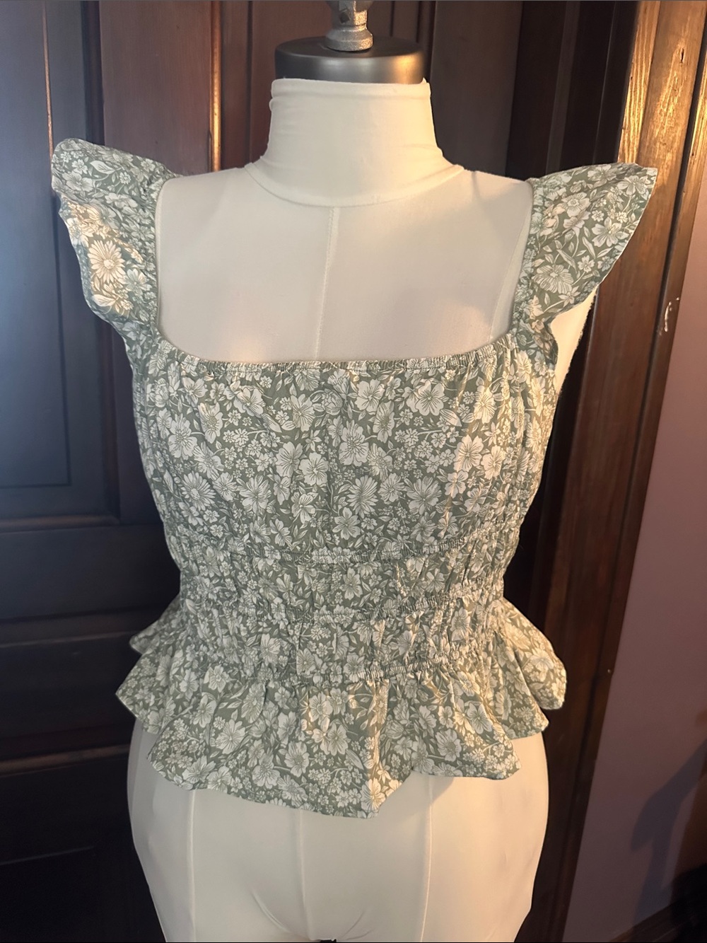 Altar'd State Sage Green Floral Square-Neck Peplum Camisole